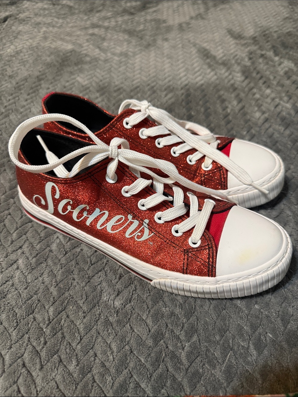 Red Glitter Low-Top Sneakers with 'Sooners' Script